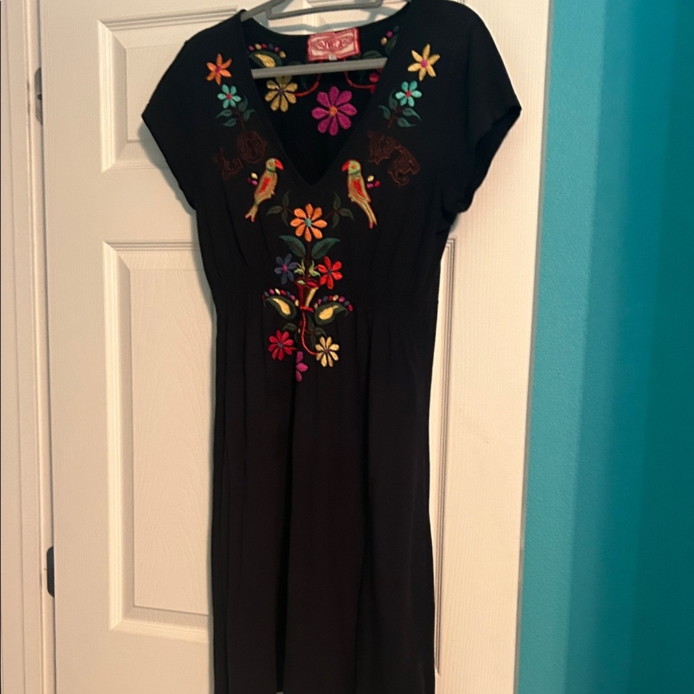 Johnny Was Black Dress with Multicolor Floral and Bird Embroidery